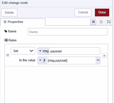 "Screenshot displaying change node setting payload containing data that needs to be inserted in the database."